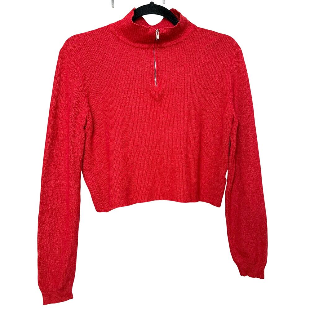 Brandy Melville Red Mock Neck Quarter Zip Cropped Long Sleeve Top
